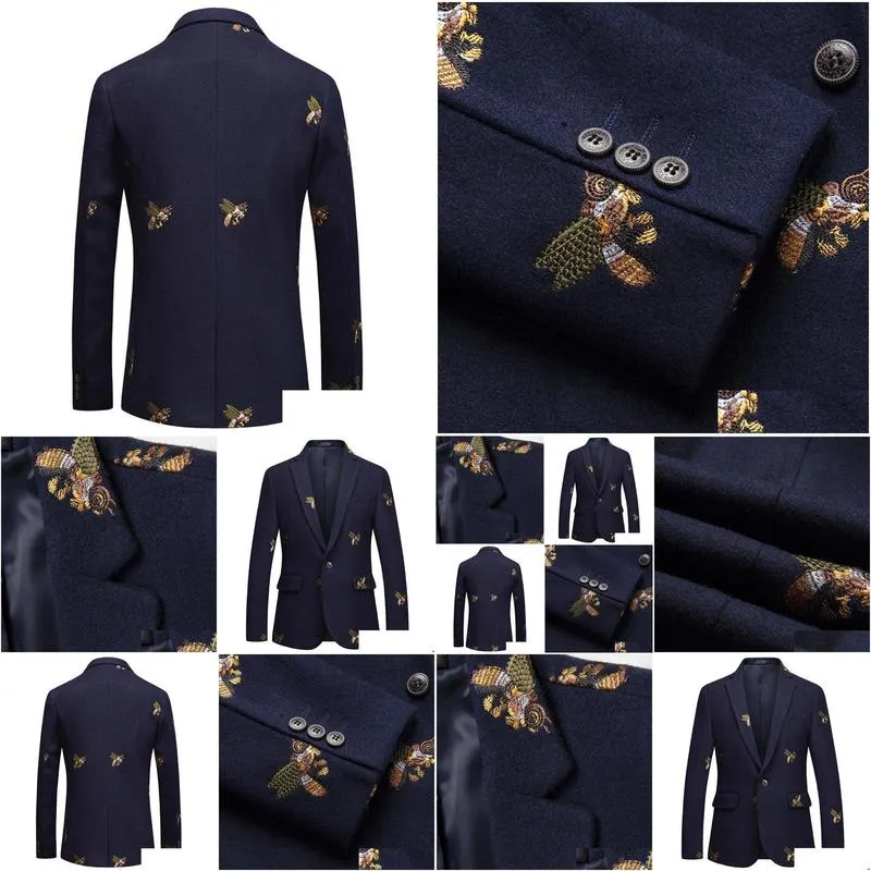 Bee embroidery Blazer Slim Fit Masculino Abiti Uomo 2020 Wedding Prom Blazers Tweed Wool For Men Stylish Suit Jacket1