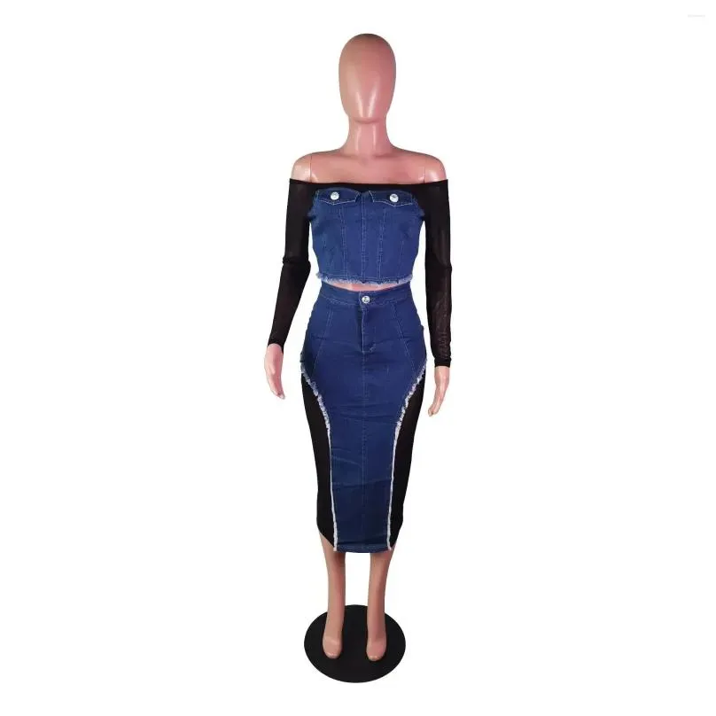 Work Dresses Women Denim Patchwork Mesh Off Shoulder Long Sleeve Crop Top And Midi Skirt Sets 2023 Fashion Elegant Two 2 Piece Set