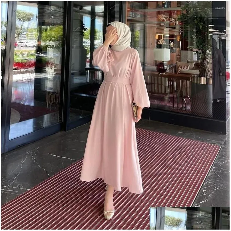 Ethnic Clothing Muslim Dress Middle East Arab Long Sleeve Abaya Women`s Southeast Asian Lace Up A-line Vestidos Elegantes Para Mujer