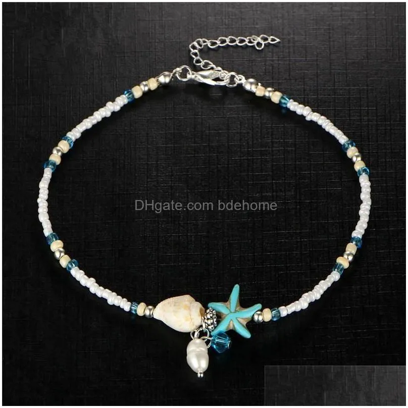 Anklets Boho Freshwater Pearl Charm Anklets Women Sandals Beads Ankle Bracelet Summer Beach Starfish Beaded Bracelets Foot Jewelry Dro Dhbiq