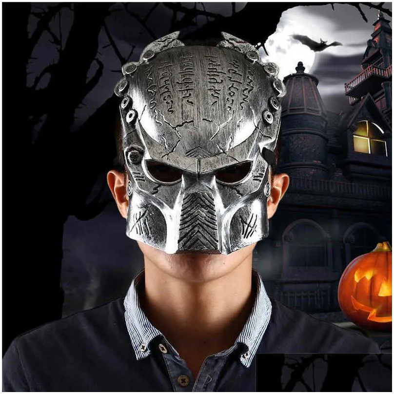 cool predator masquerade masks halloween props silver full face mardi gras film cosplay mens mask for festive gift masquerade party