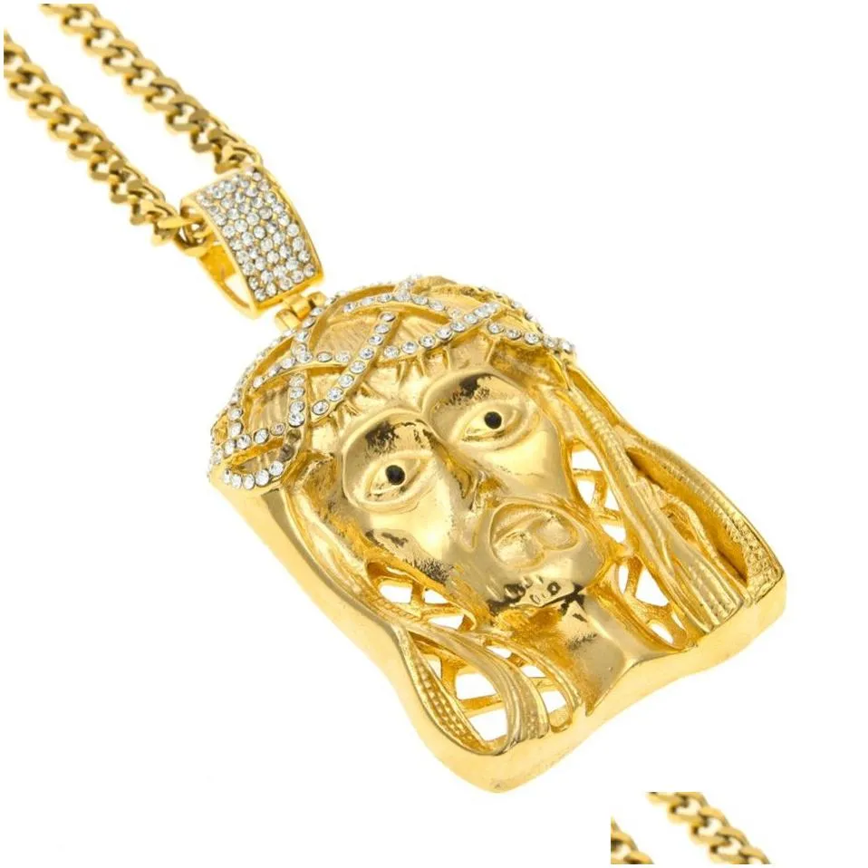 hip hop golden crowned jesus head pendant iced out square gem crystal necklace set cuban chain