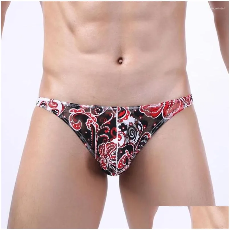 Underpants Mens Sexy Hip Lift Underwear Ultra-thin Briefs Bulge Pouch Panties Low Rise Bikini Mesh Print Erotic Lingerie