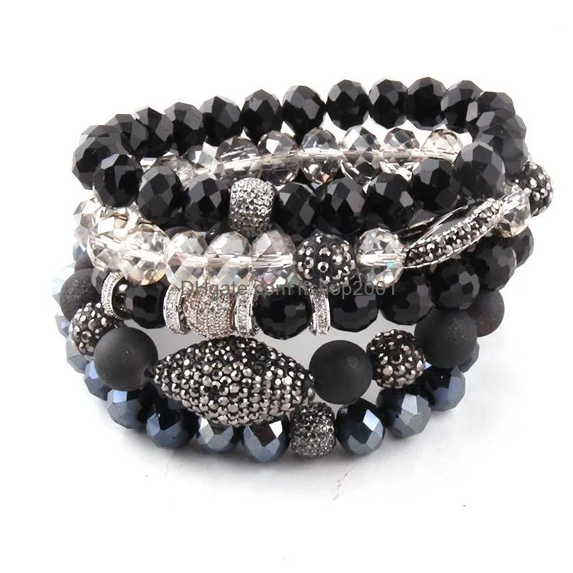 fashion beautiful 5pc set gray/white/black bracelet set natural stone glass crystal pave bracelets