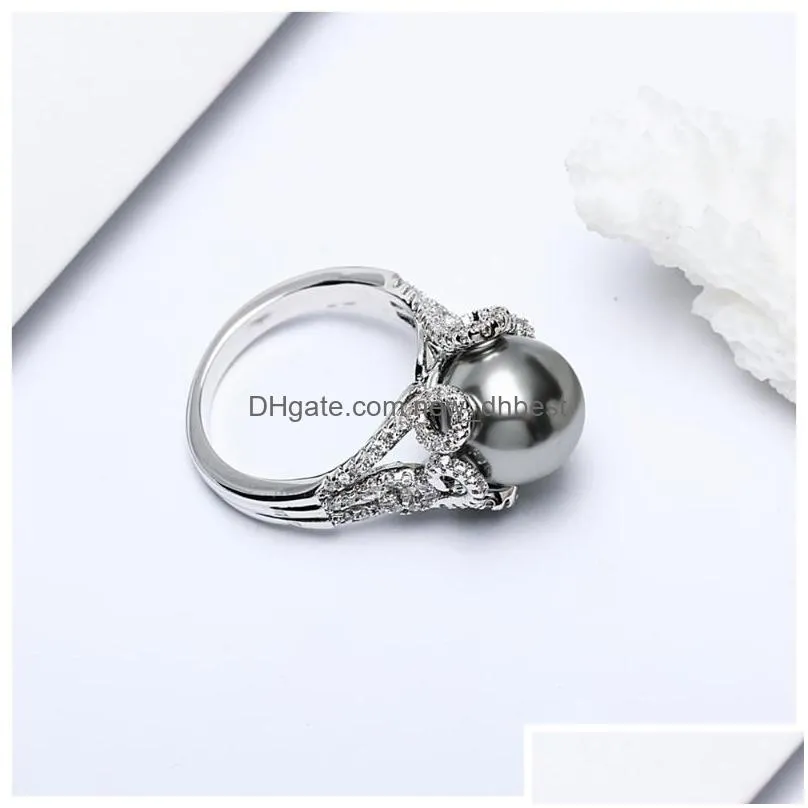 Cluster Rings Cluster Rings Dreamcarnival1989 Brand Grey Big Synthetic Pearl With White Cubic Zirconia Flower Bague Luxury Party For W Dha7W
