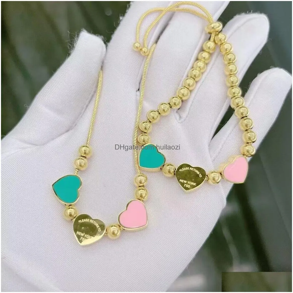 2024 lovely original designer women girl pink green tri heart necklace bracelet 750 stainless steel love 18k silver gold logo engrave jewelry set