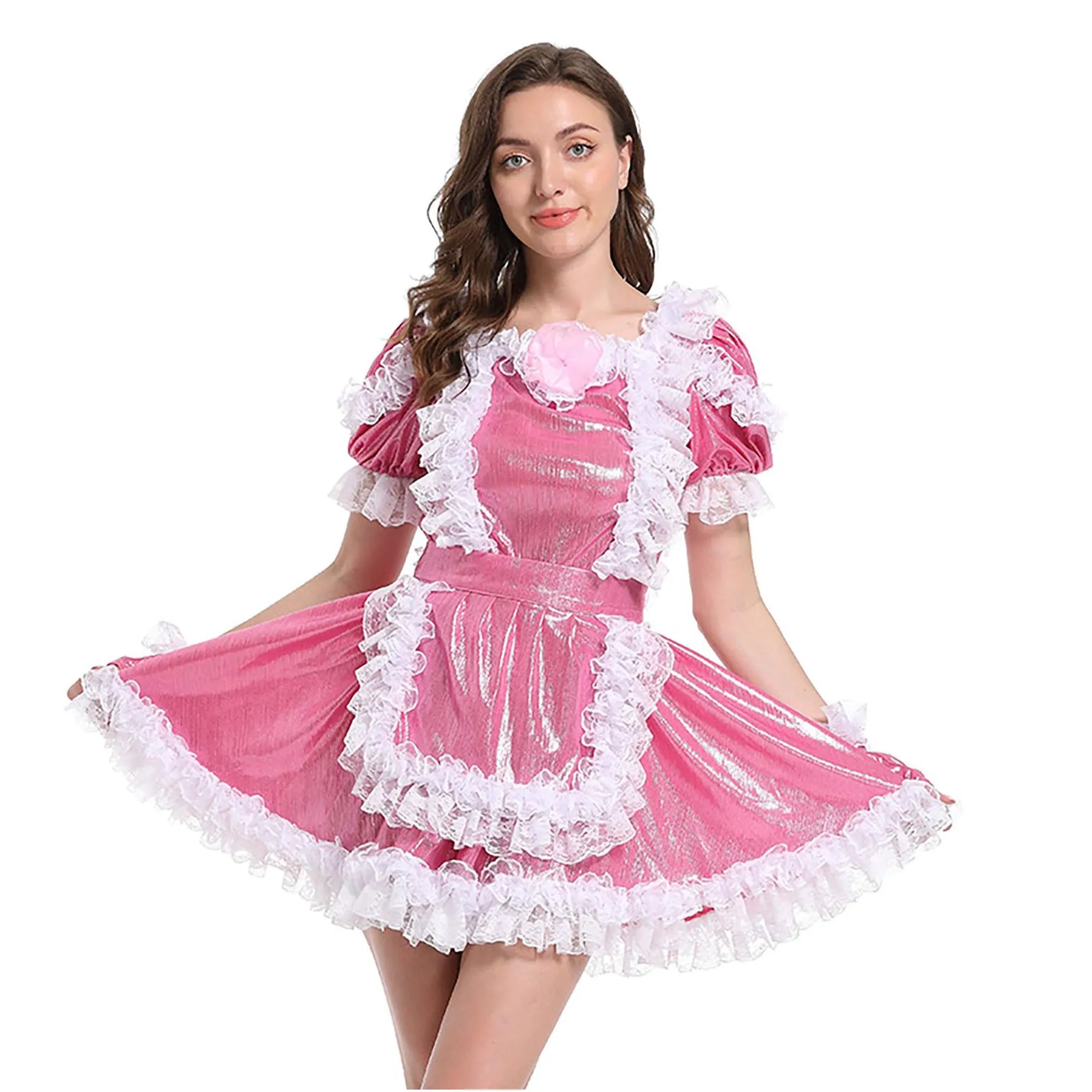 Women Sissy Maid Metallic Satin Flower Puffy Dress Costume Crossdress