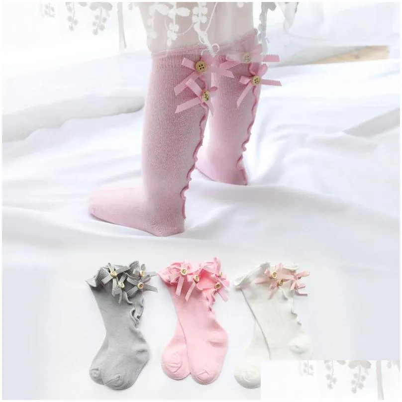 Kids Socks Baby Girls Ruffle Stockings Bowknots Buttons 100% Cotton Frills Edge Knees Sock Solid 10 Colors Kids Stocking Socks 0-8T Dr Dh598