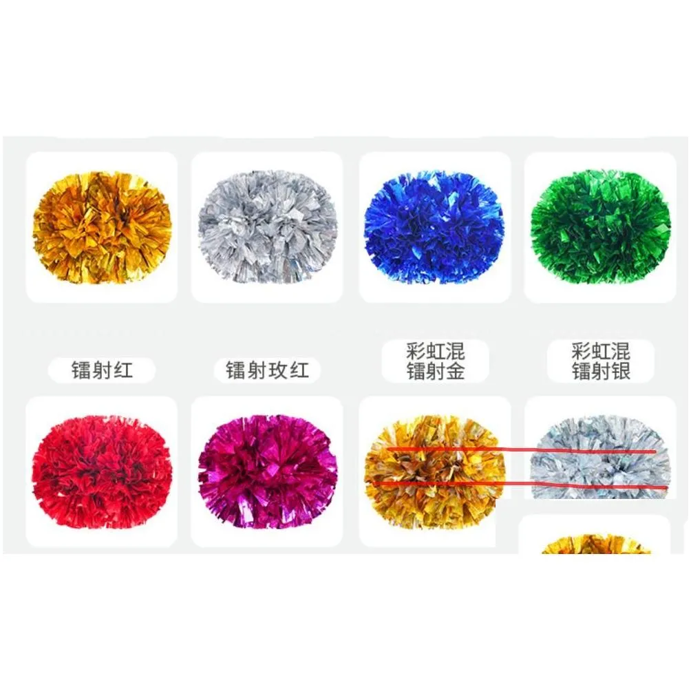 Metallic Holographic Cheerleader Pom Poms with Baton Handle Professional Cheer Pompoms for Sports Team Spirit Party Training Costume