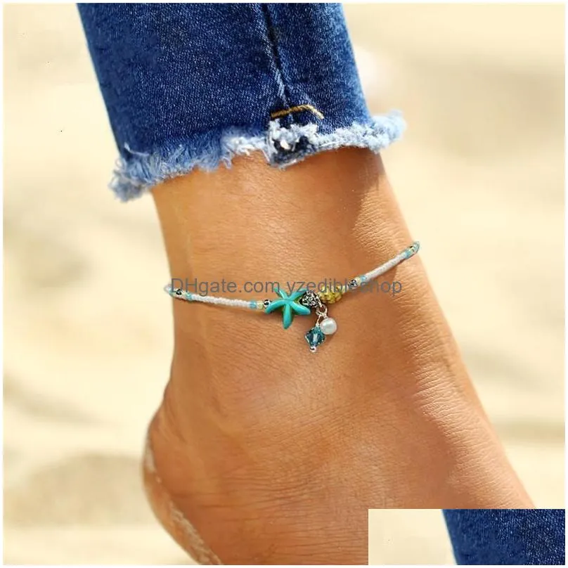 boho freshwater pearl charm anklets women barefoot sandals beads ankle bracelet summer beach starfish beaded ankle bracelets foot jewelry