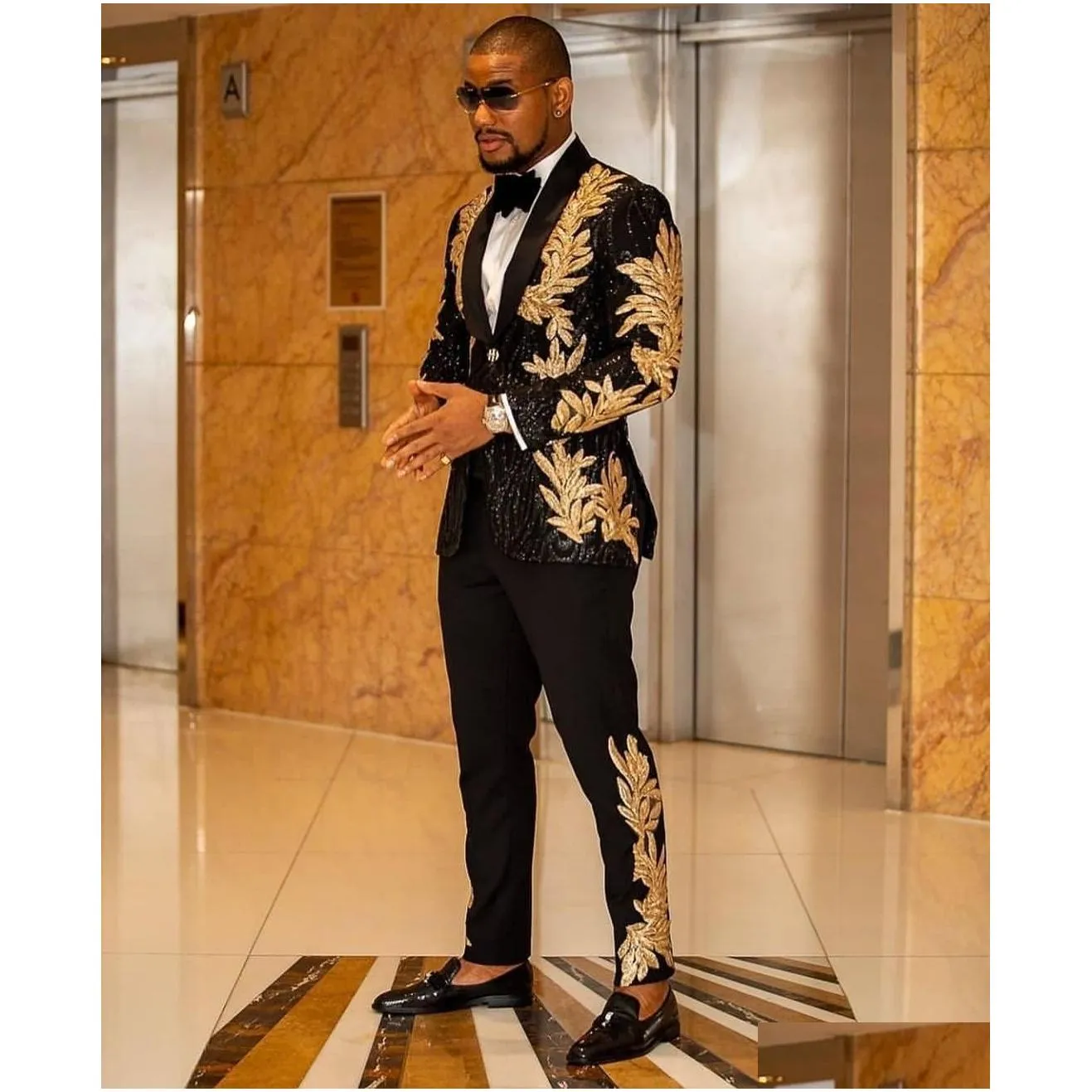 newest black with gold embroidery men suits two pieces shawl lapel blazer slim fit wedding tuxedos fashion mens jacket and pants