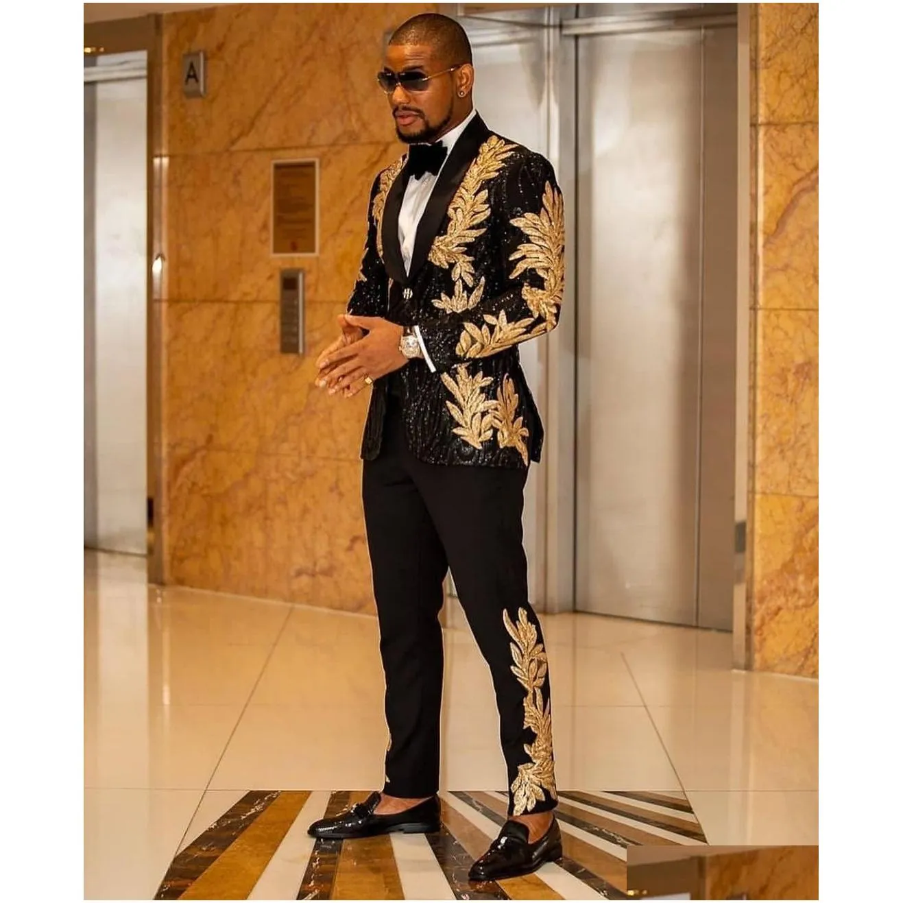 MANZINI MZS-552 Men's Textured Metallic Tuxedo Suit Jacket Shawl Lapel Yellow