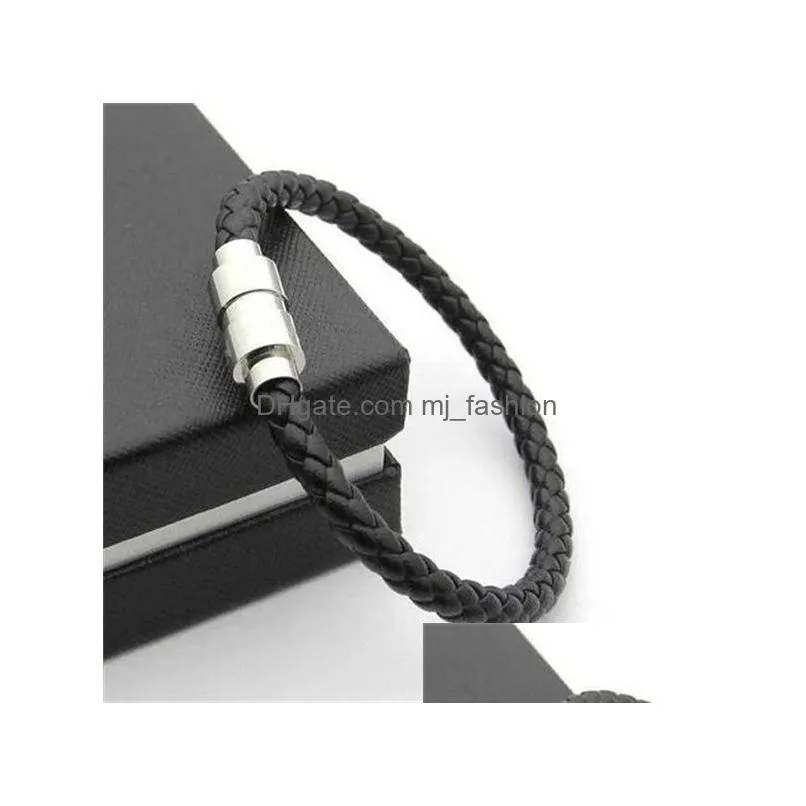 Charm Bracelets Arrival Leather Bracelets Woven Antique Mens Black Charm Pseira Mascina Magnet Man Bangles Fashion Jewelry Drop Delive Dhygl