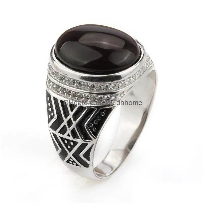 cluster rings 925 sterling silver men finger ring with dark brown agate stone punk big onxy clear cz fine wedding jewelry