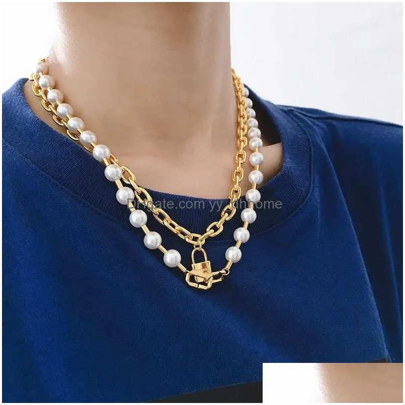 titanium with 18k gold faux pearl layered lock statement neckalce stainls steel jewelry t show party runway boho japan korea293r