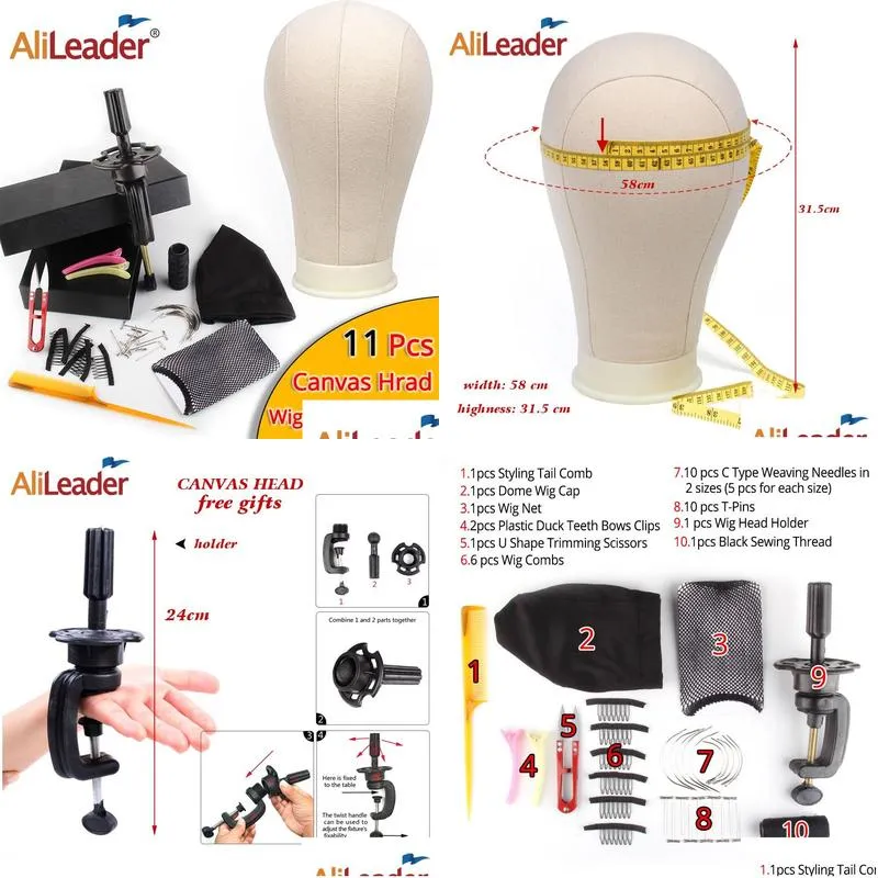 Hair Tools Alileader Best 11Pcs Wig Making Kit Manikin Canvas Dome Head With Stand Spandex Cap Block Mannequin Drop Delivery Hair Prod Dhfi9