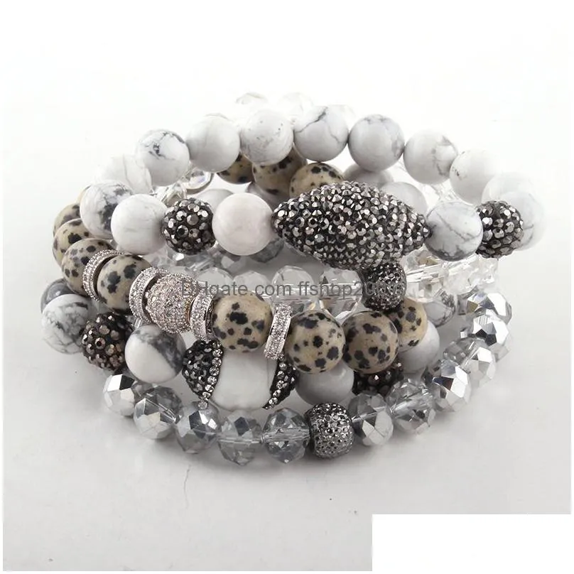 fashion beautiful 5pc set gray/white/black bracelet set natural stone glass crystal pave bracelets