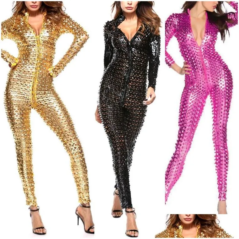 Women`s Pants & Capris Women Mesh Hole Zipper Faux Patent Leather Tight Jumpsuit Nightclub Bodysuit Great For Party Club Outfits Perfect