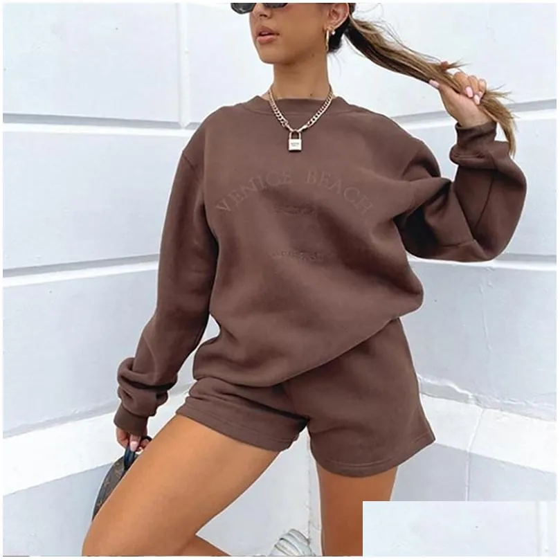 Letter Print Women 2 Piece Set Long Sleeve Sweatshirt Sweatshorts Loose Casual Tracksuit Loungewear 2021 Autumn Winter Women`s