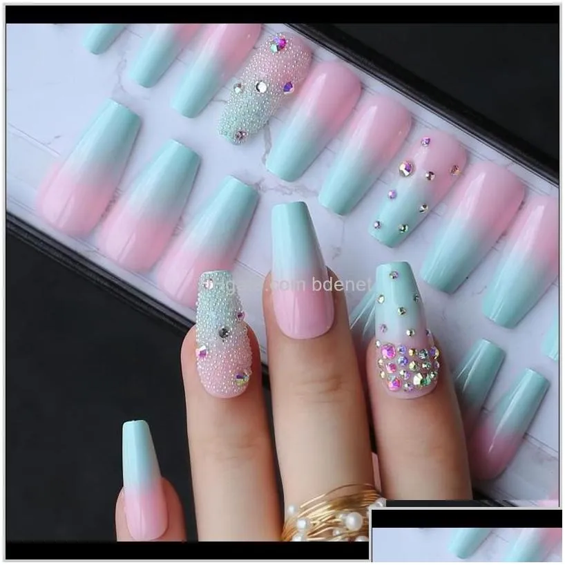 False Nails Handmade Ombre Gel Nude Coffin Reusable Press On Box Pink Acrylic Nails Uv Bling 3D Crystal Ballet Fasle C69Yh S0Uqm