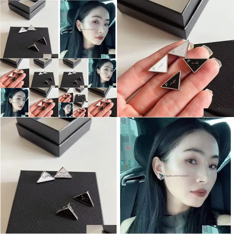 tri-angle symbole design black white stud women men letter logo engrave dangle earrings girls wedding jewelry s925 silver needle