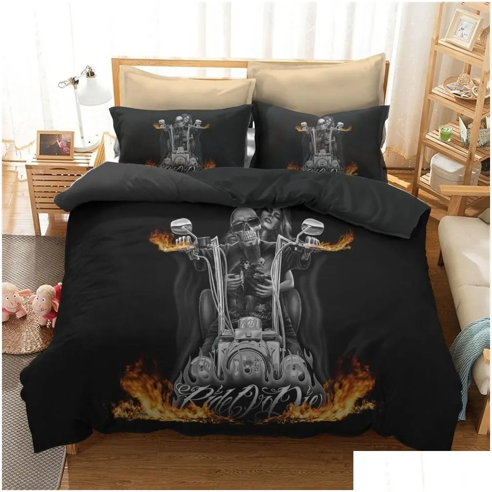 3d women and skull bedding sets sugar skull and motorcycle duvet cover bed cool skull print black bedclothes bedline y200417