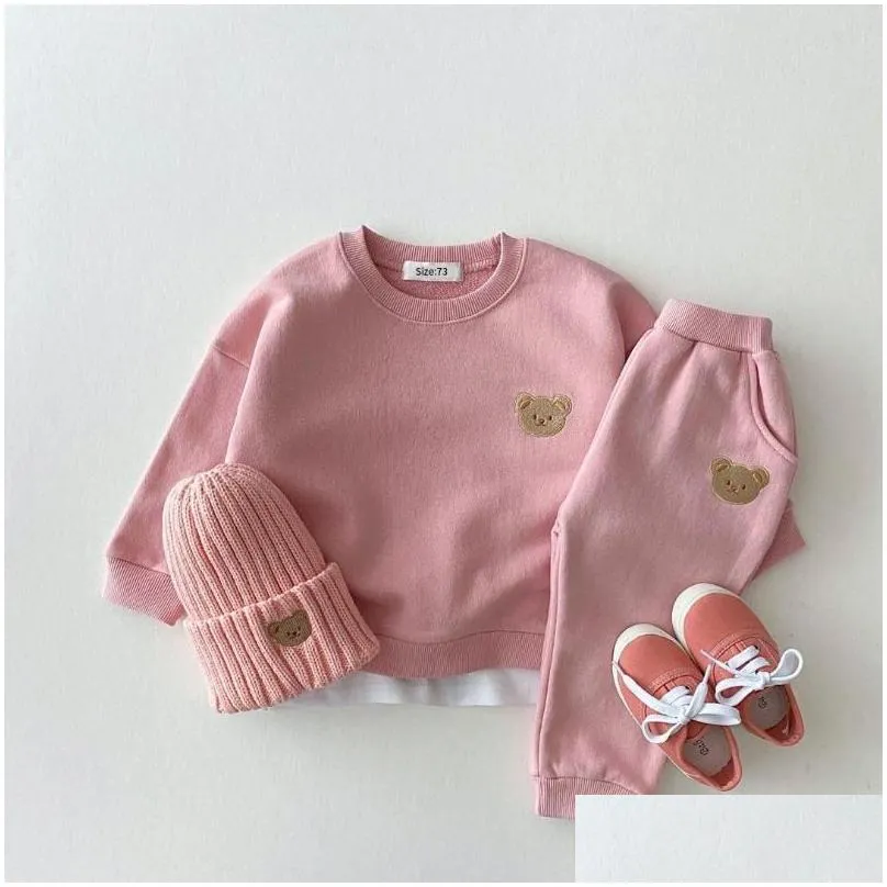 Clothing Sets Clothing Sets Toddler Outfits Baby Boy Tracksuit Cute Bear Head Embroidery Sweatshirt And Pants 2Pcs Sport Suit Fashion Dhmok