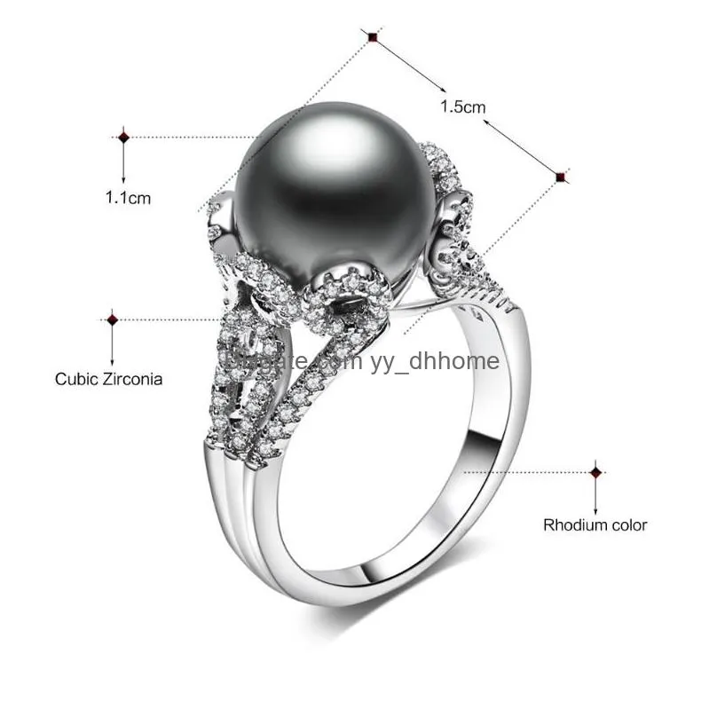 cluster rings dreamcarnival1989 brand grey big synthetic pearl with white cubic zirconia flower bague luxury party for women wa11564