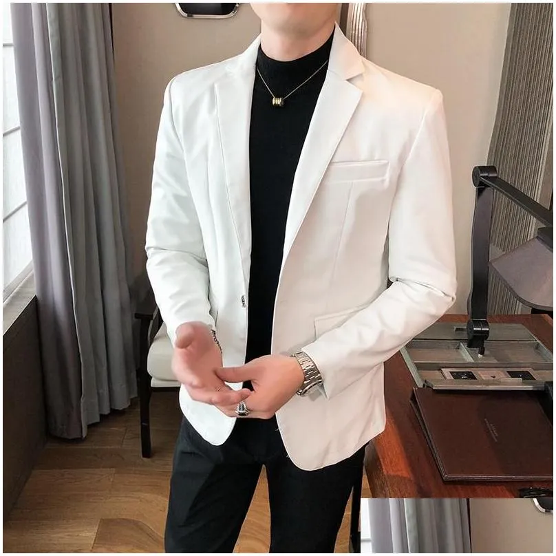 Men`s Fur & Faux 2021 Young Mens Casual Suit Black Red White Slim Fit Men Leather Jacket Pure Color PU Blazers Jackets For Man