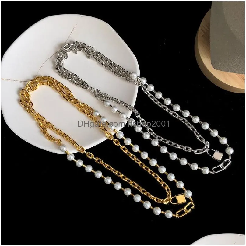 titanium with 18k gold faux pearl layered lock statement neckalce stainls steel jewelry t show party runway boho japan korea293r