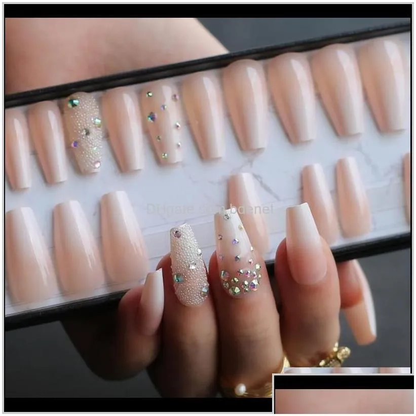 False Nails Handmade Ombre Gel Nude Coffin Reusable Press On Box Pink Acrylic Nails Uv Bling 3D Crystal Ballet Fasle C69Yh S0Uqm