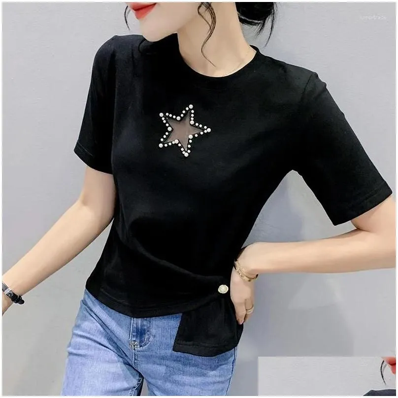 Women`s T Shirts 2023 Summer European Style T-Shirt Fashion Sexy O-Neck Beading Cross Irregular Women Short Sleeve Tops Pullover Tees