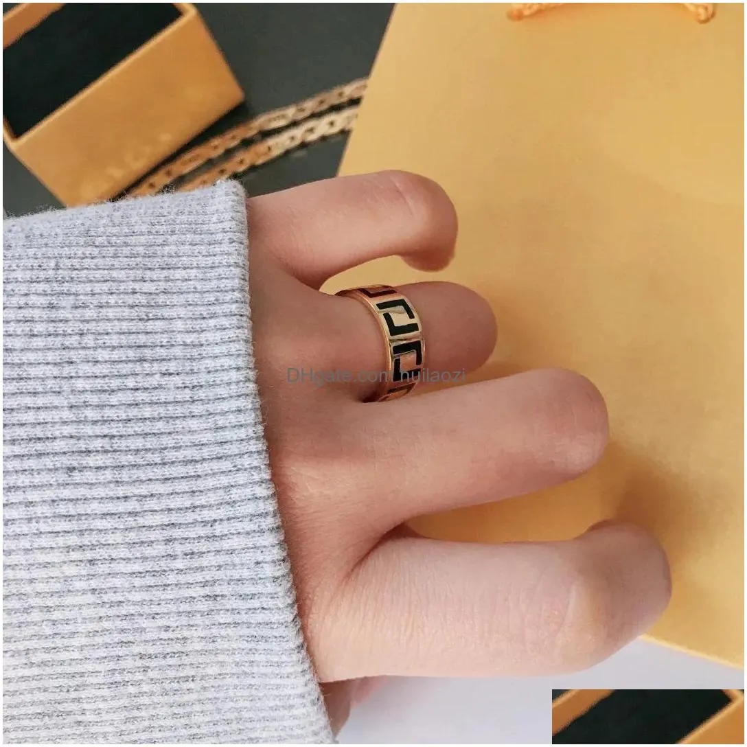 logo engrave designer ff ring extravagant enamel black white gold silver rose 316l stainless steel letter rings women men wedding jewelry lady party gifts 6 7 8