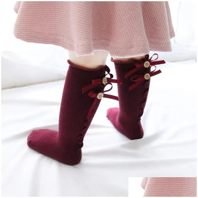 Kids Socks Baby Girls Ruffle Stockings Bowknots Buttons 100% Cotton Frills Edge Knees Sock Solid 10 Colors Kids Stocking Socks 0-8T Dr Dh598