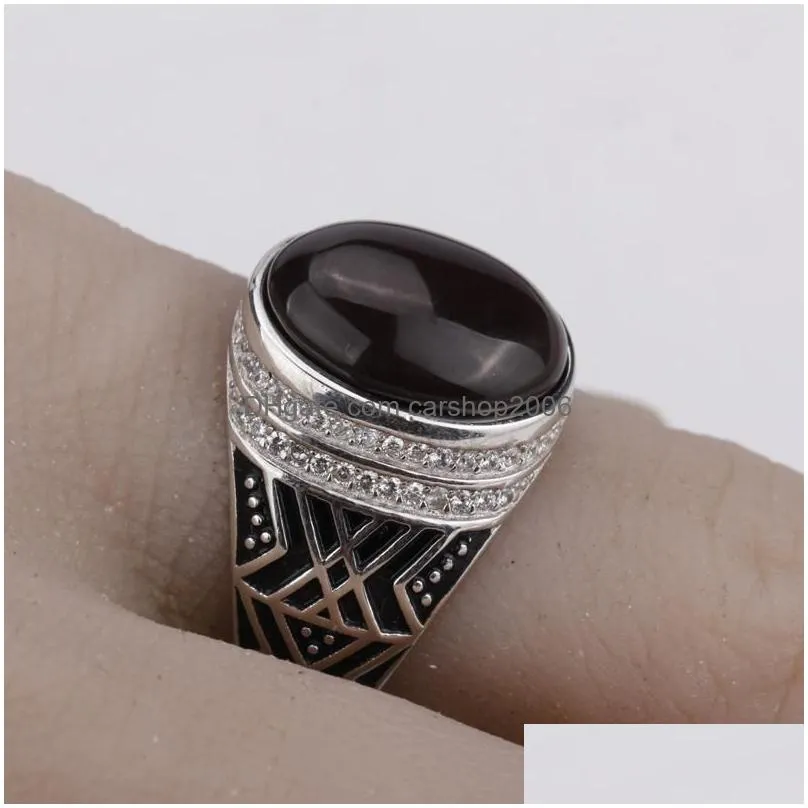 cluster rings 925 sterling silver men finger ring with dark brown agate stone punk big onxy clear cz fine wedding jewelry