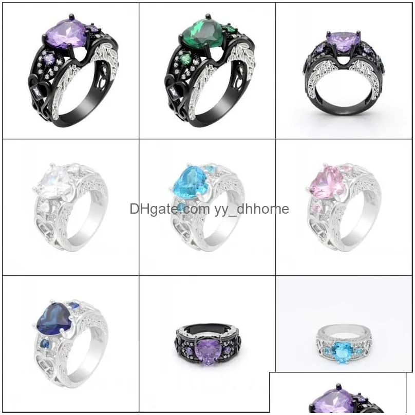 cluster rings gorgeous black gold filled purple blue green red pink white zircon birthstone wedding jewelry fashion cz heart for women