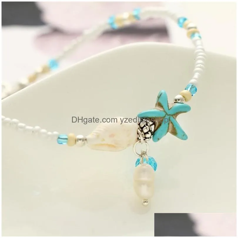 boho freshwater pearl charm anklets women barefoot sandals beads ankle bracelet summer beach starfish beaded ankle bracelets foot jewelry