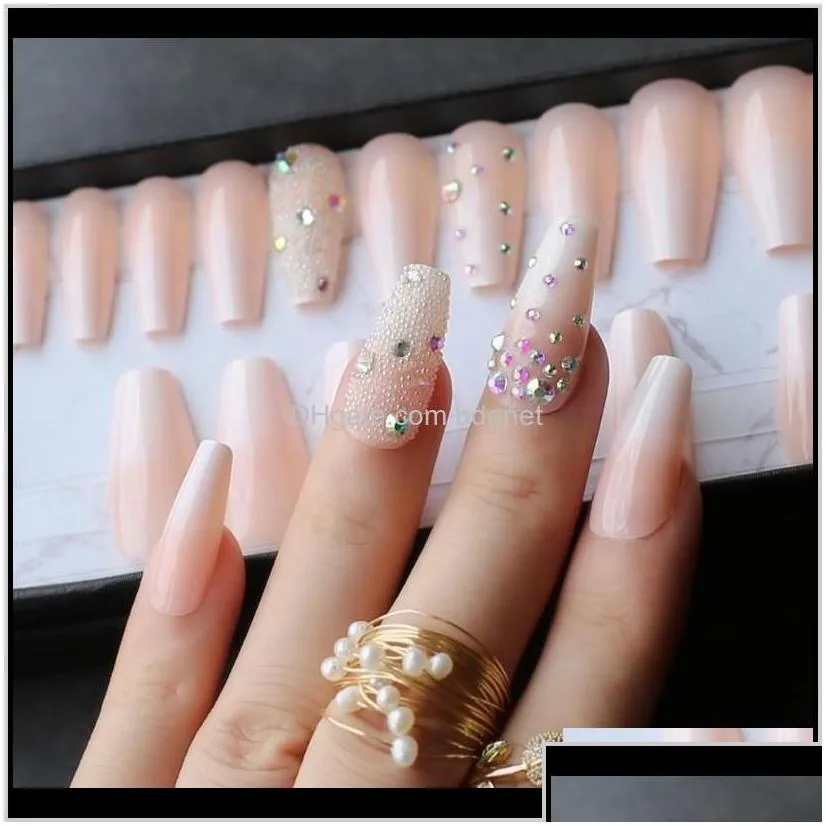 False Nails Handmade Ombre Gel Nude Coffin Reusable Press On Box Pink Acrylic Nails Uv Bling 3D Crystal Ballet Fasle C69Yh S0Uqm