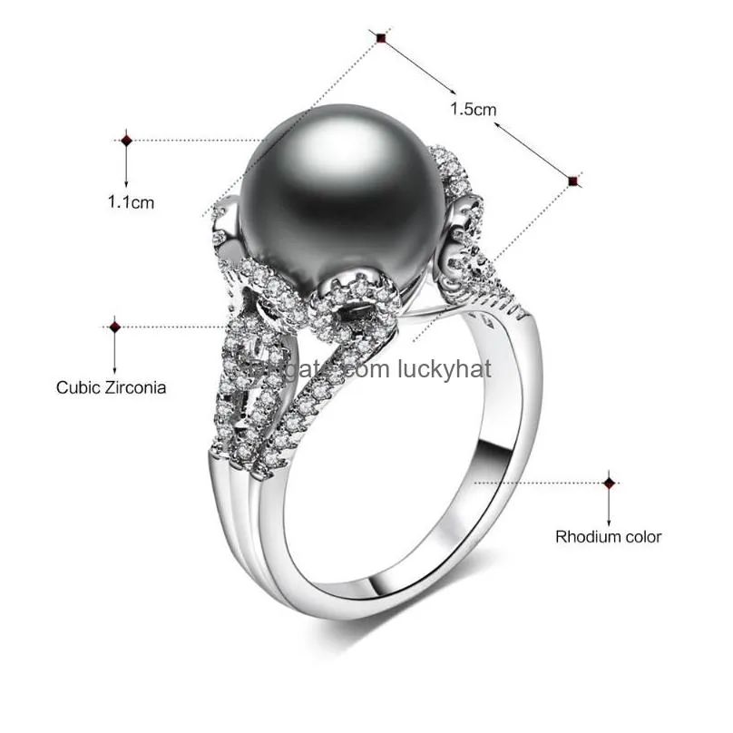 Cluster Rings Cluster Rings Dreamcarnival1989 Brand Grey Big Synthetic Pearl With White Cubic Zirconia Flower Bague Luxury Party For W Dhnob