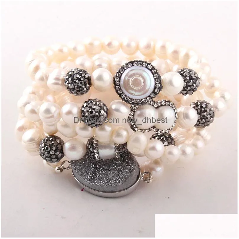 Beaded Fashion Beautif 5Pc Set Black/White Bracelet Freshwater Pearl Strand Bracelets Handmake Drop Delivery Jewelry Bracelets Dhtpe