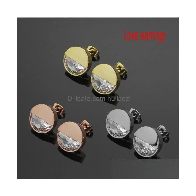 2021 high polished big diamond men jewelry gold silver rose studs stainless steel fashion earrings for women party gifts wholesale
