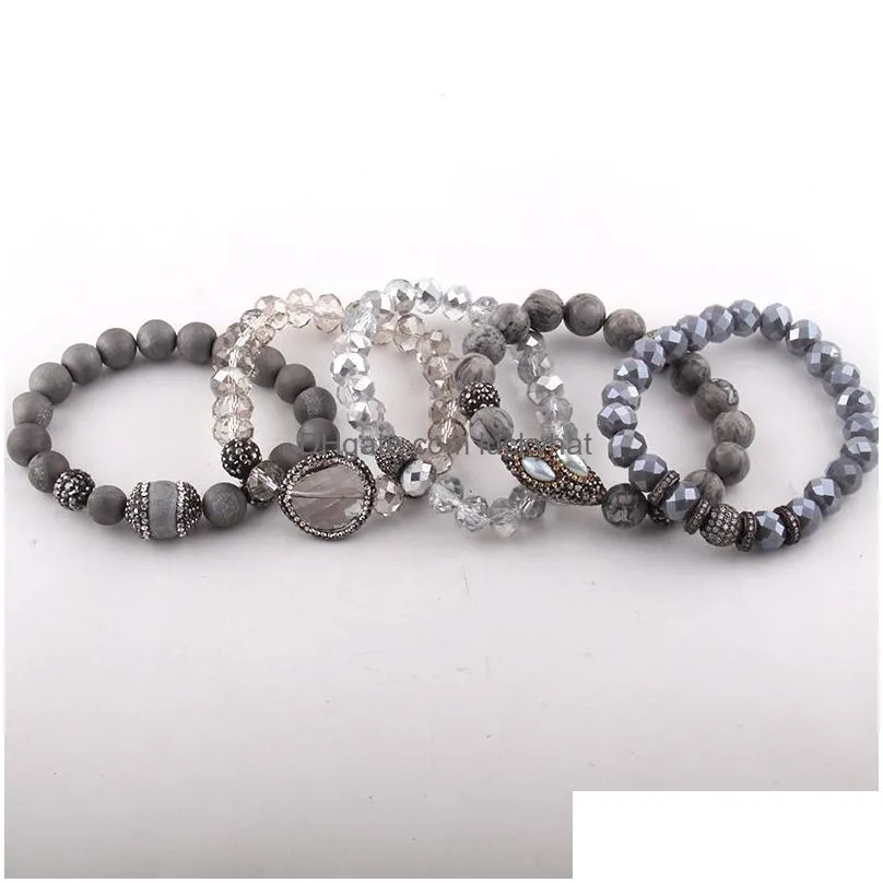 Beaded Fashion Beautif 5Pc Set Gray/White/Black Bracelet Natural Stone Glass Crystal Pave Bracelets Drop Delivery Jewelry Bracelets Dhnae