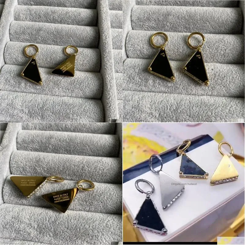 diamond tri-angle symbole design black stud hoop women 18k gold silver letter logo engrave dangle earrings girls wedding jewelry