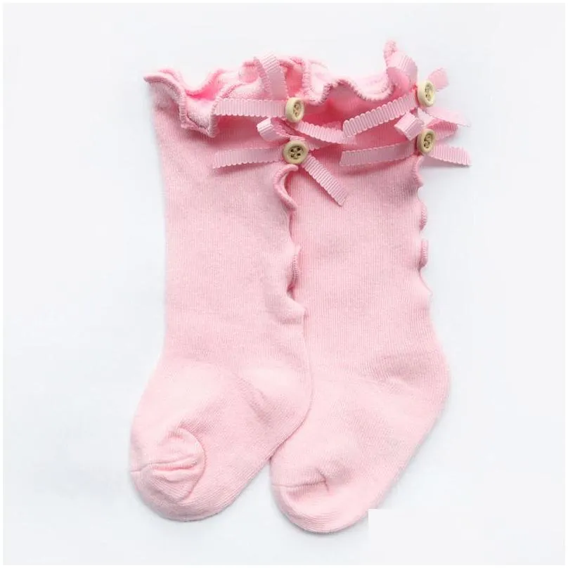 Kids Socks Baby Girls Ruffle Stockings Bowknots Buttons 100% Cotton Frills Edge Knees Sock Solid 10 Colors Kids Stocking Socks 0-8T Dr Dh598