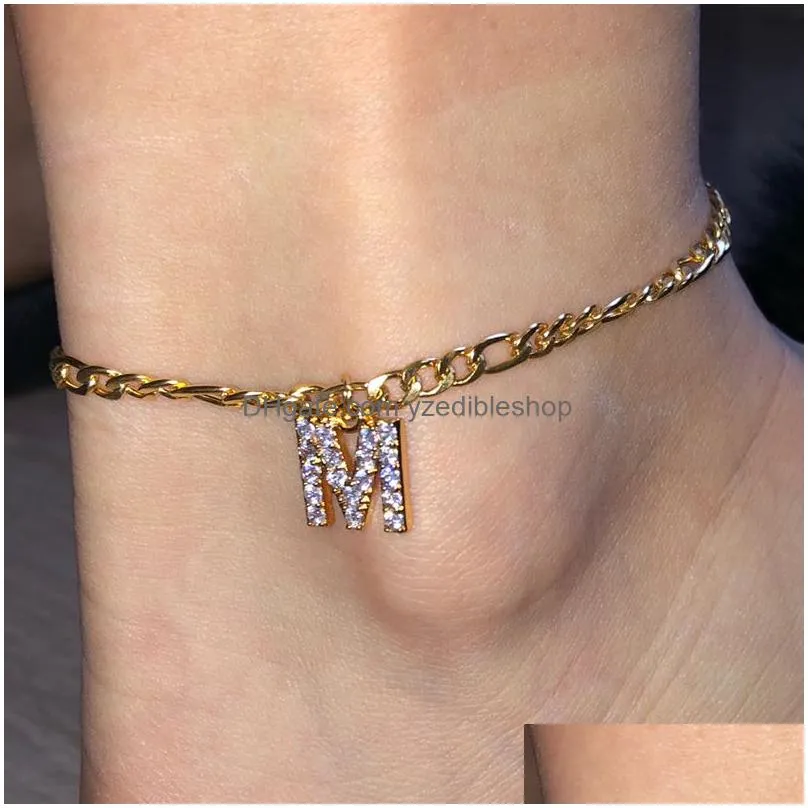 tiny a-z initial letter anklets for women stainless steel gold color alphabet cuban link anklet bracelet boho jewelry gift bijou