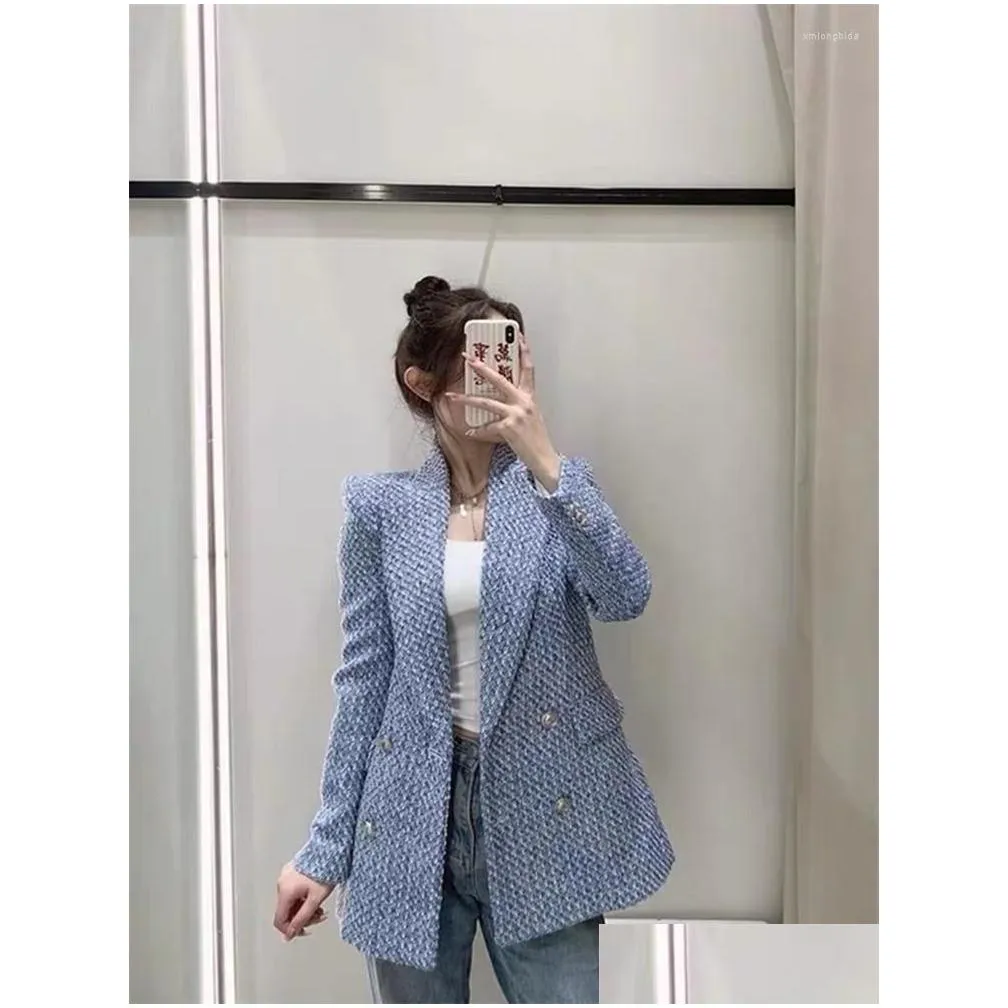 womens suits women double breasted blazer coat vintage fashion tweed long sleeve flap pockets female outerwear chic veste femme