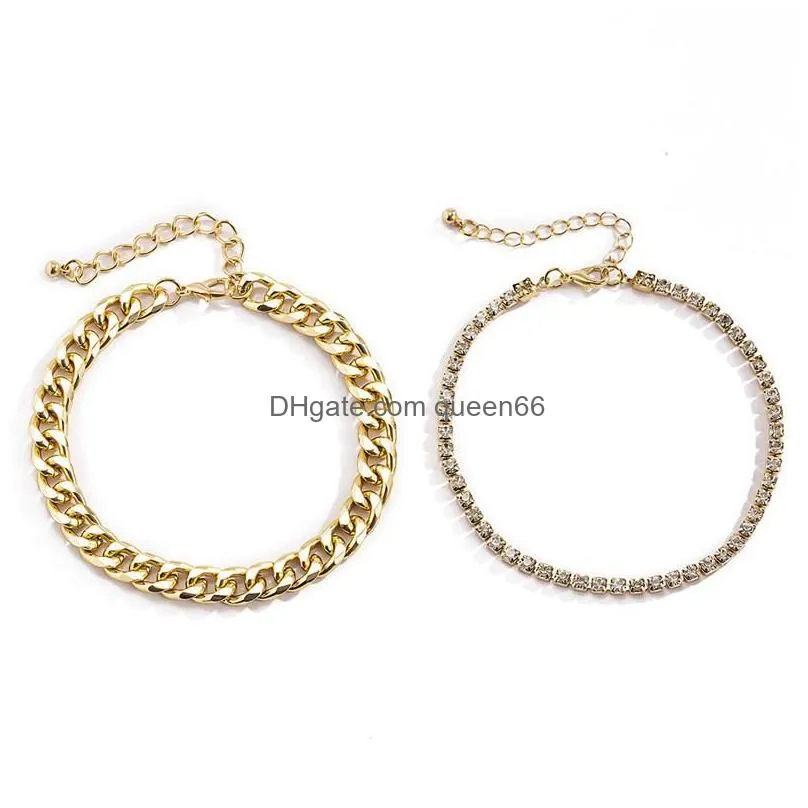 Anklets Anklets 2Pcs/Set Gold Sier Color Crystal Chain Adjustable Anklet Set For Women Girl Double Tassel Foot Chains Party Jewelry Dr Dhg6B