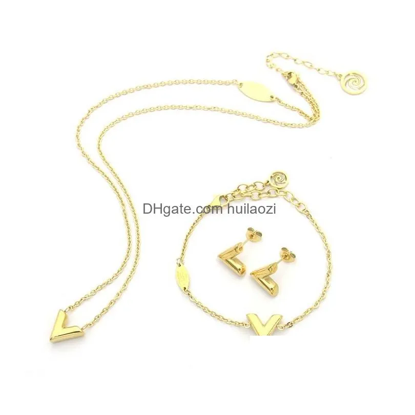 easy chic high quality extravagant 316l stainless steel letter v pendant chain earrings bracelet necklace gold silver rose plated jewelry set simple for girls