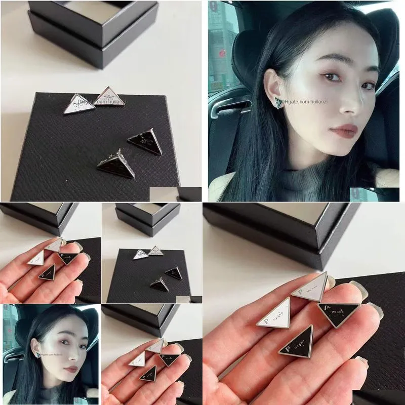 tri-angle symbole design black white stud women men letter logo engrave dangle earrings girls wedding jewelry s925 silver needle