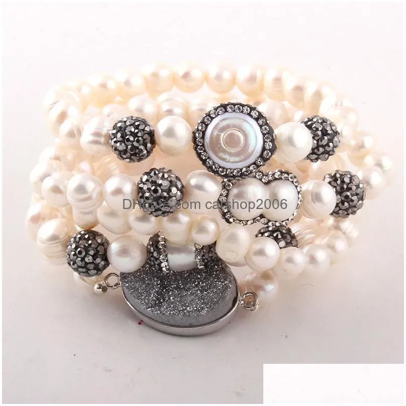 fashion beautiful 5pc set black/white bracelet set freshwater pearl strand bracelets handmake paved bracelets